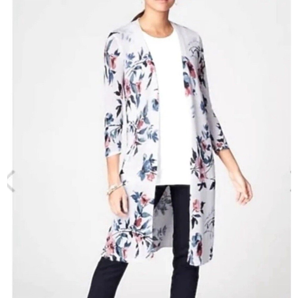 J. Jill Linen Blend White Floral Print Open Front Duster Cardigan Size XL
